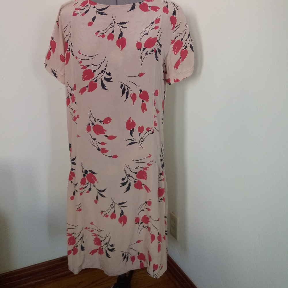 Attic and Barn Floral Silk Shift Dress, Attic and Barn Floral Beige Floral Dress